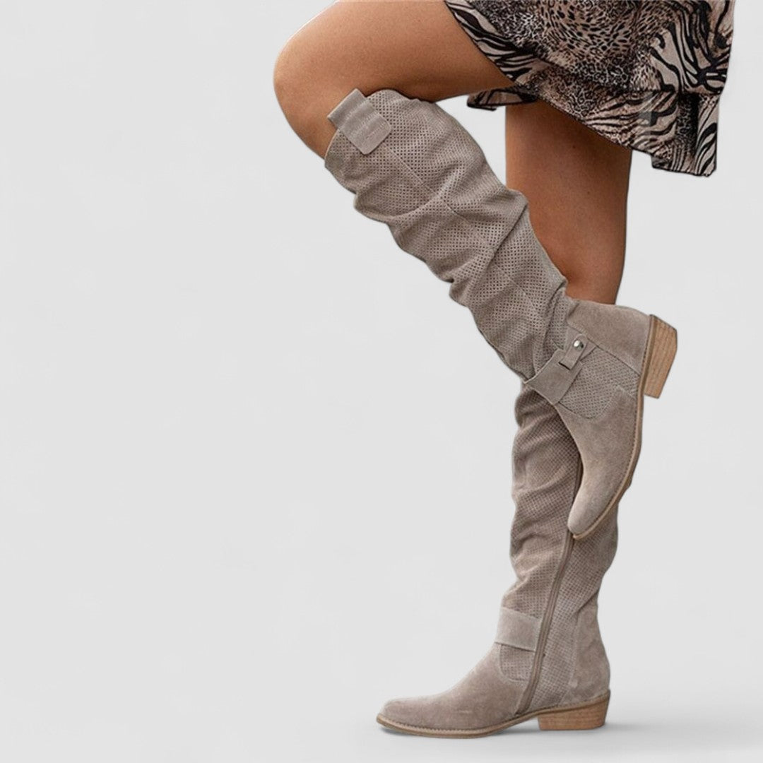 Perforated Suede Slouch Flat Knee High Boots