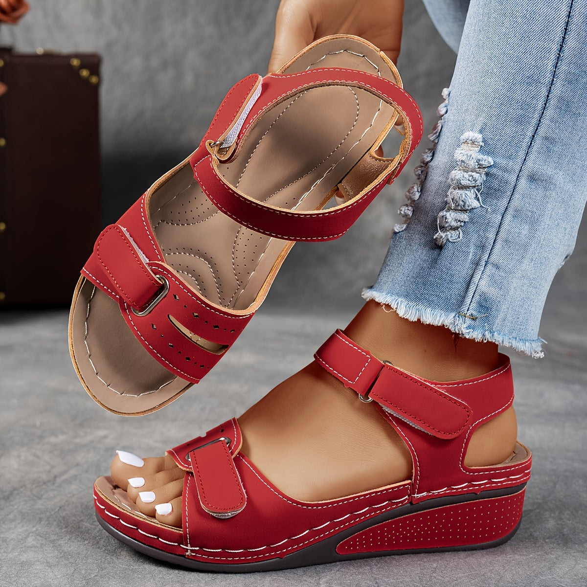 Open Toe Hook and Loop Strap Wedge Sandals