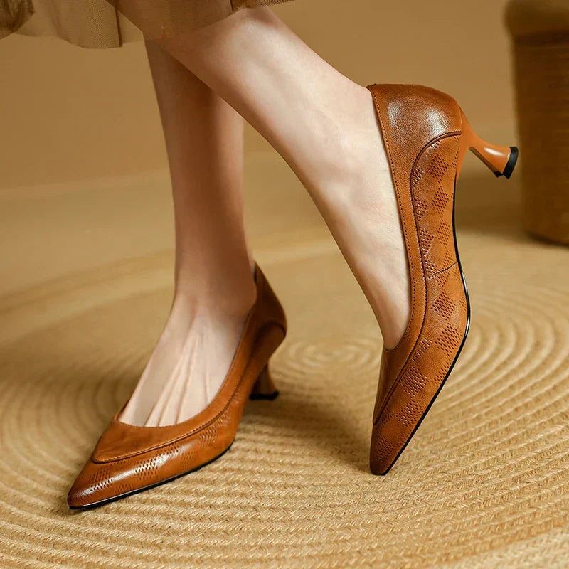 Snake Embossed Pointed Toe Slip On Kitten Heel Pumps