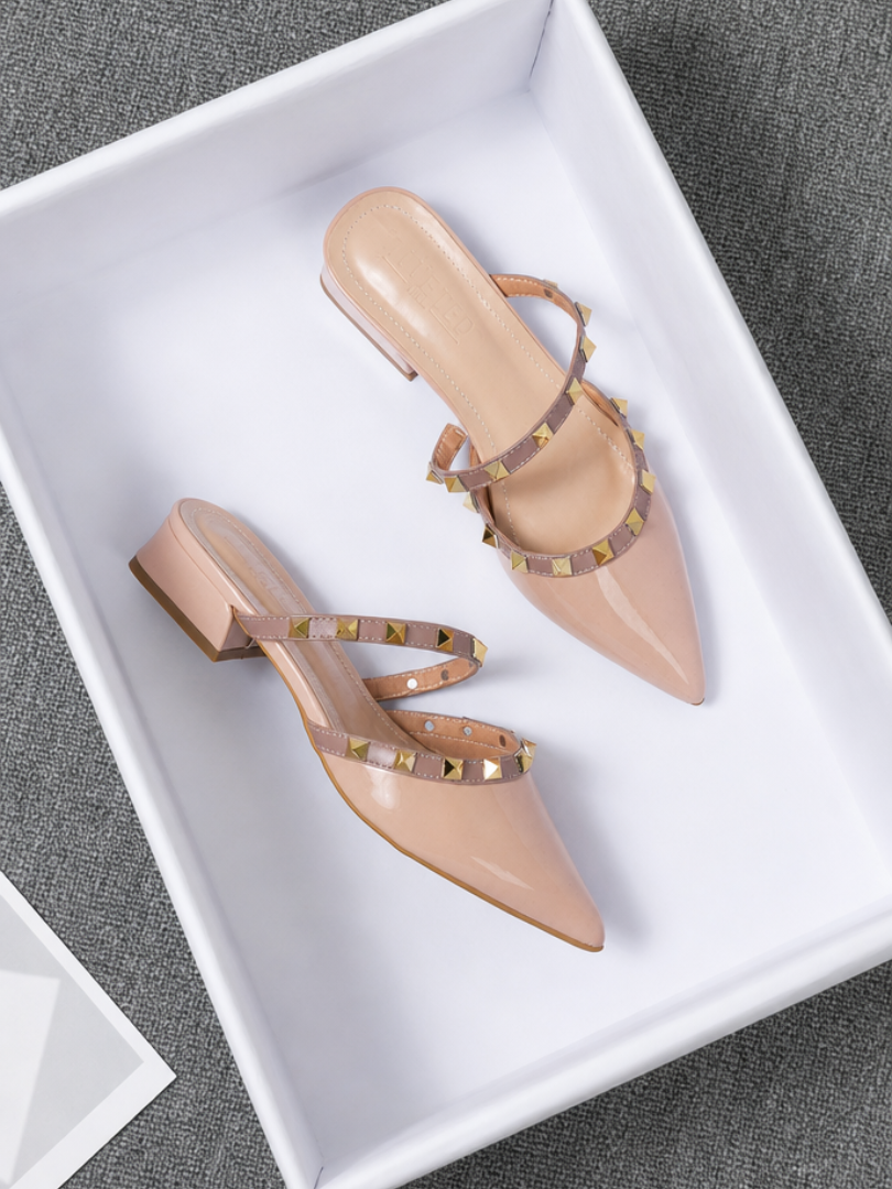 Pointed Toe Studded Strap Block Heel Mules