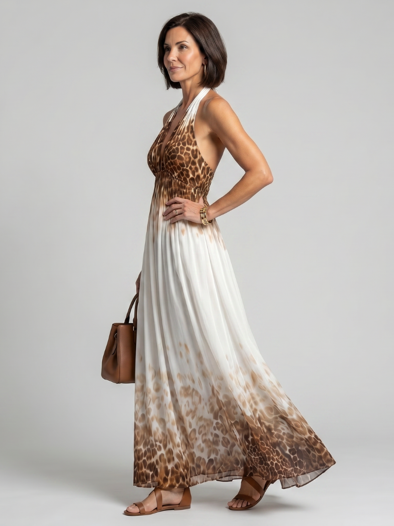 Leopard Print Halter Neck Deep V Plunge Maxi Dress 2