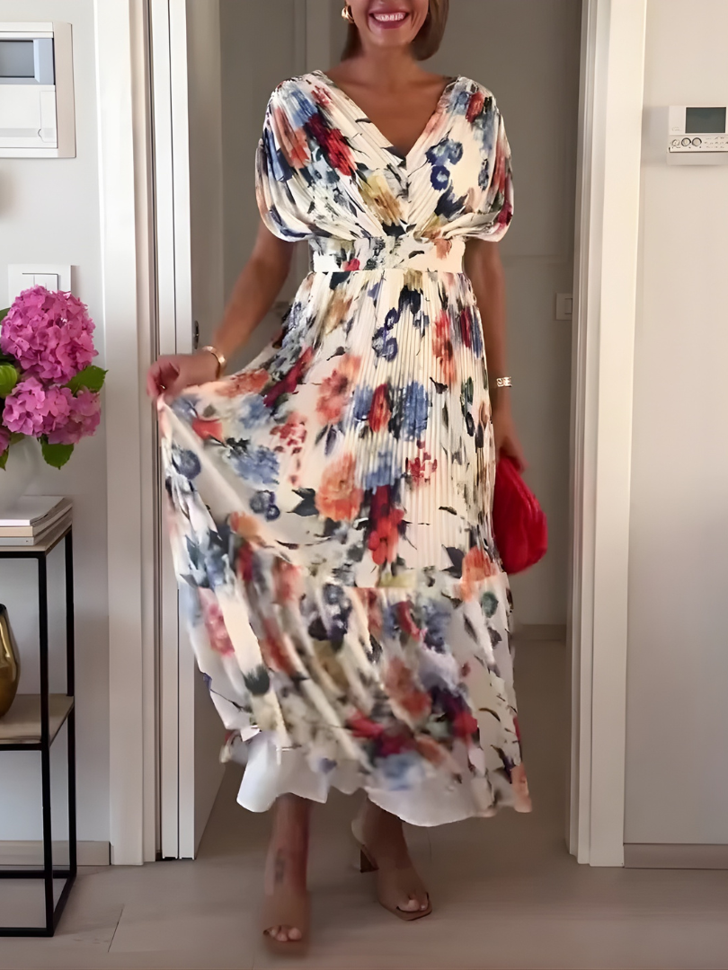 Floral V-Neck Short Sleeve Pleated Tiered Maxi Dress