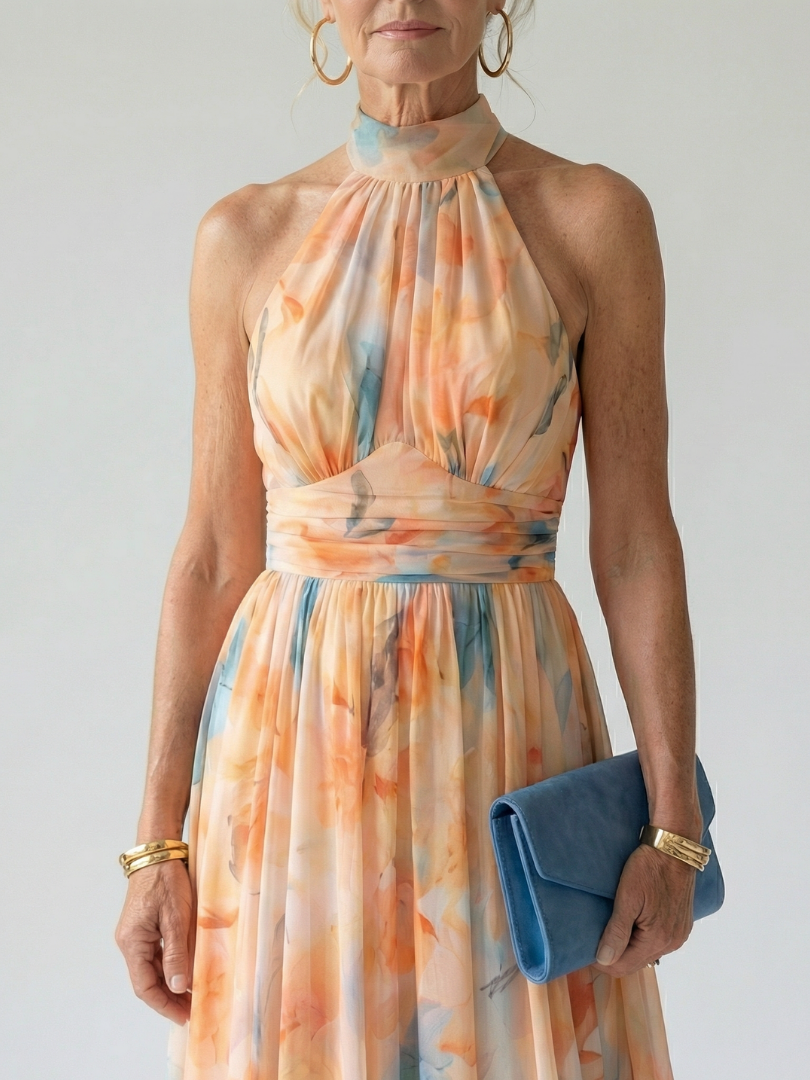 Watercolor Floral Halter Neck Pleated Midi Dress