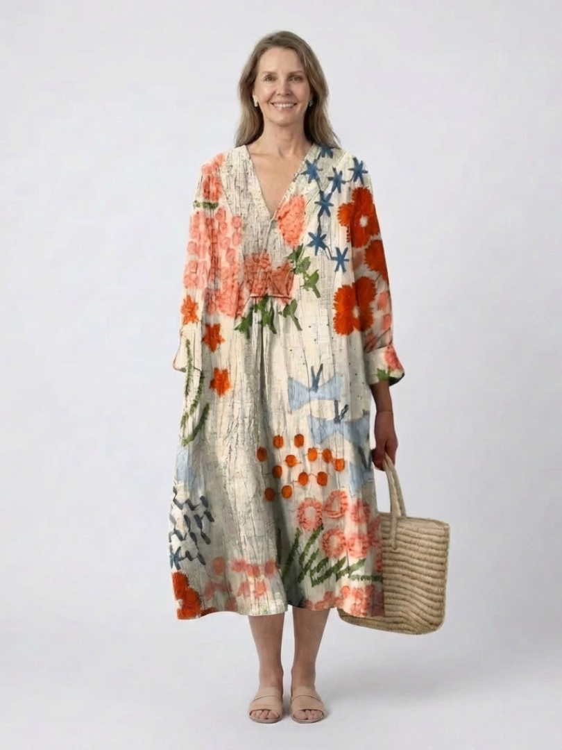 Floral V-Neck Long Sleeve Boho Maxi Dress