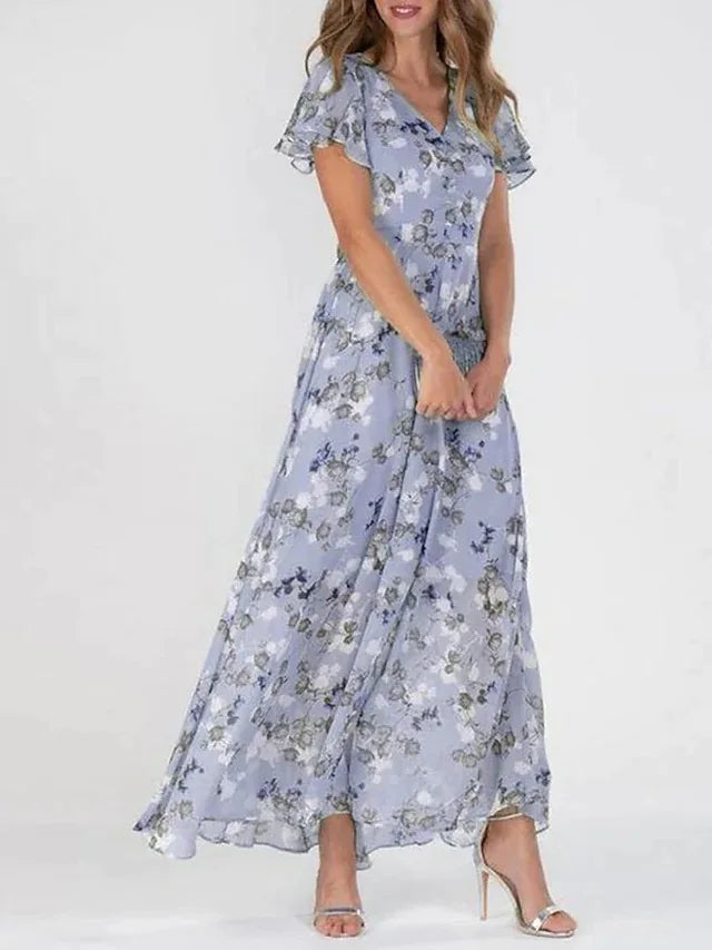 Floral Print V-Neck Flutter Sleeve A-Line Maxi Dress