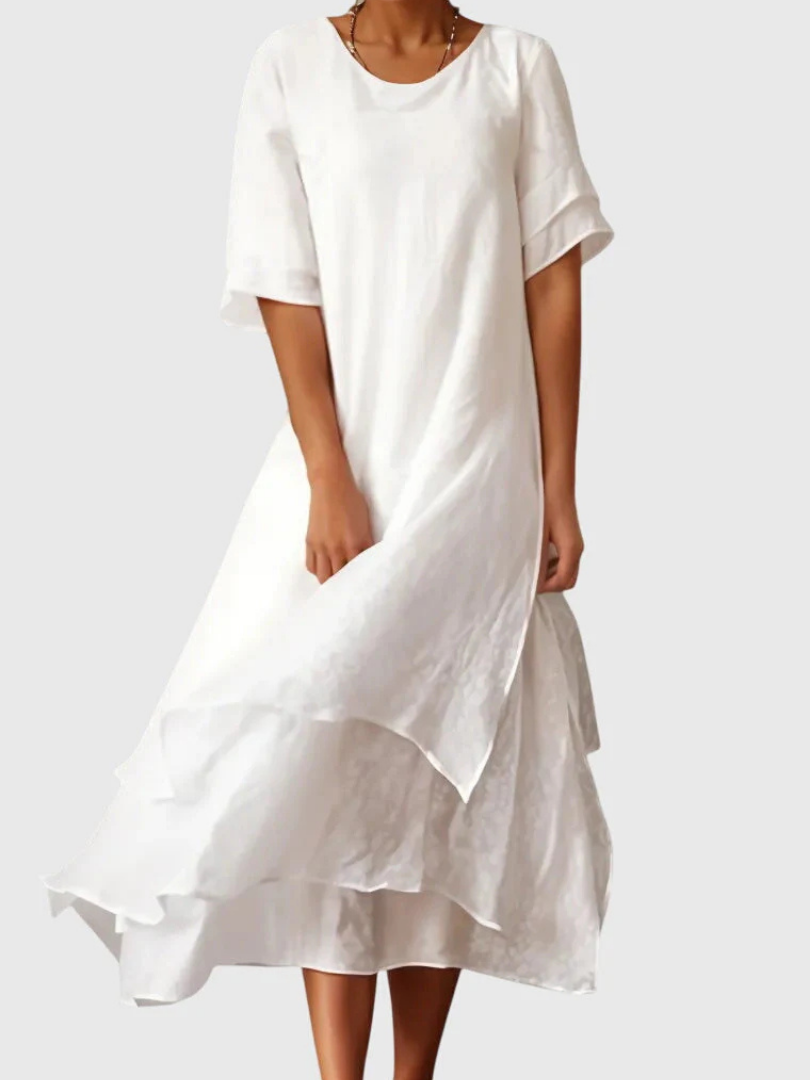 Round Neck Short Sleeve Layered Chiffon Midi Dress