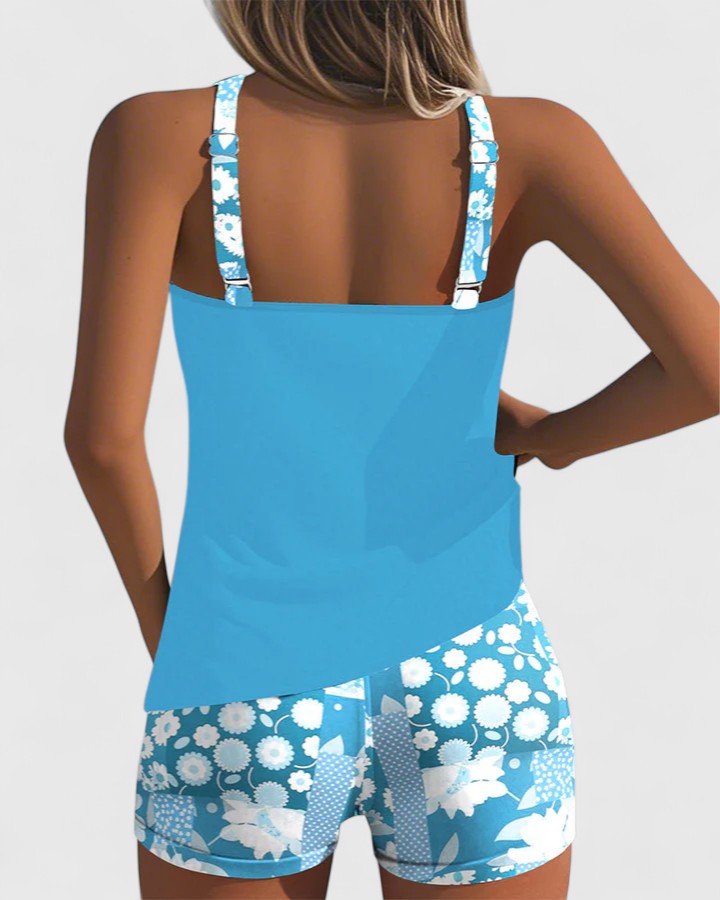 Racerback Tank and Floral Print Shorts Tankini Swimsuit Set