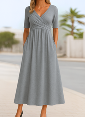 Faux Wrap V-Neck Short Sleeve A-Line Midi Dress 4