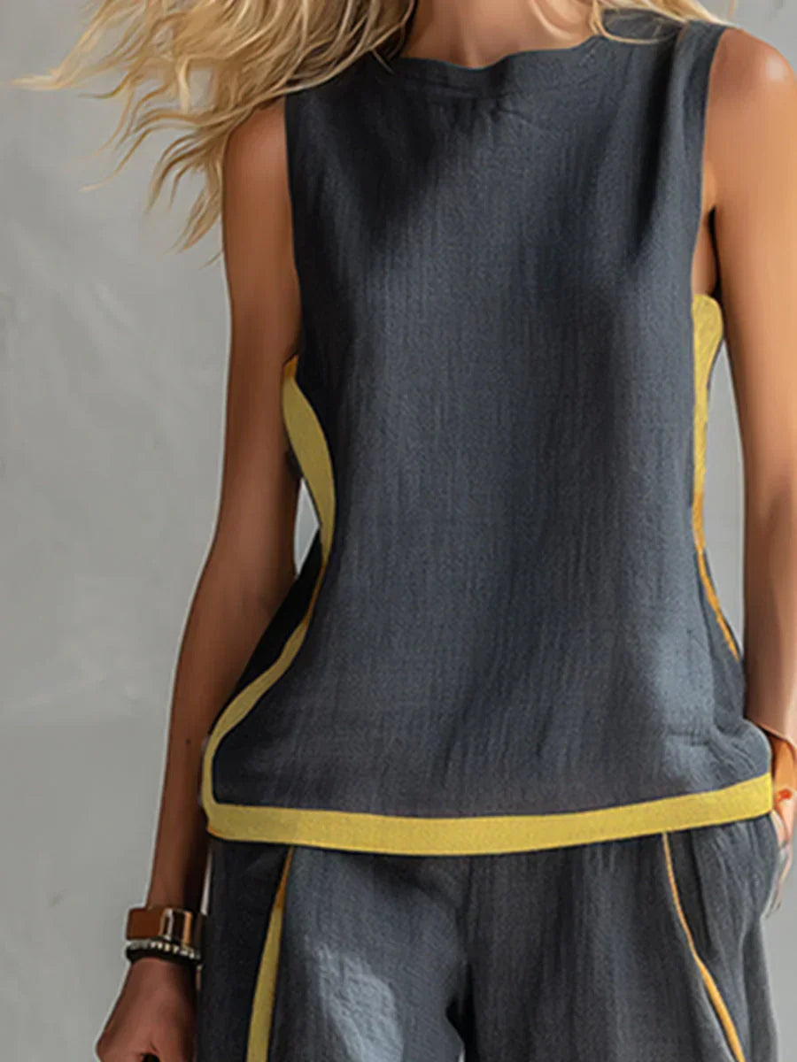Sleeveless Contrast Trim Top and Wide Leg Pants Two Piece Set