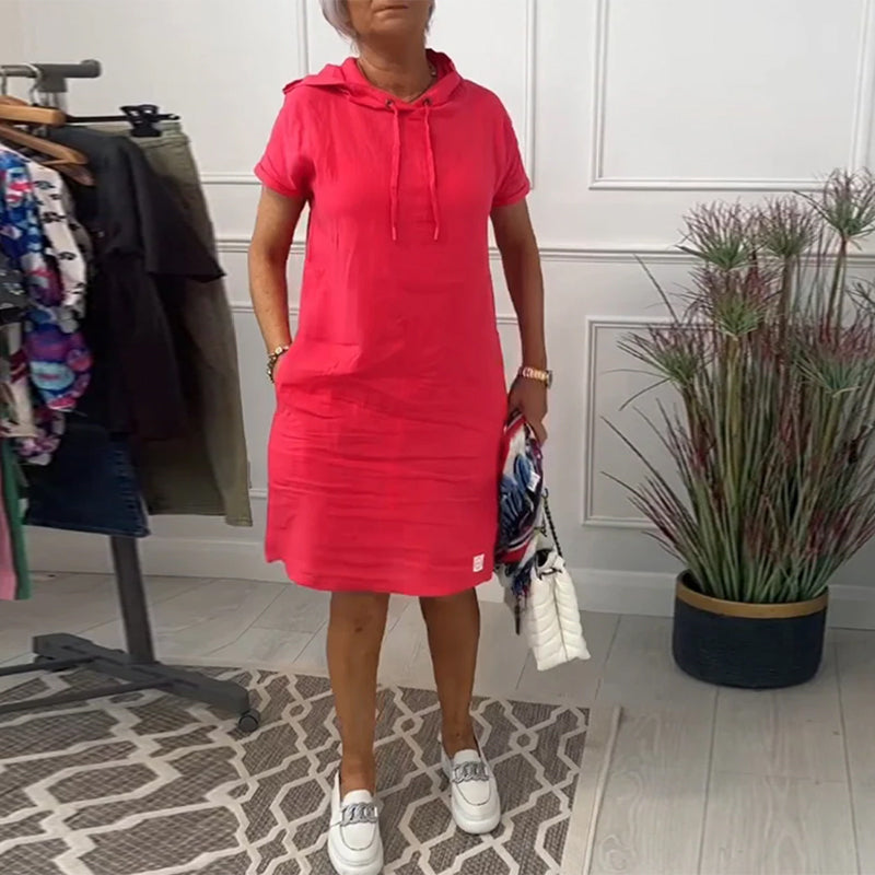 Hooded Drawstring Short Sleeve Knee Length Shift Dress