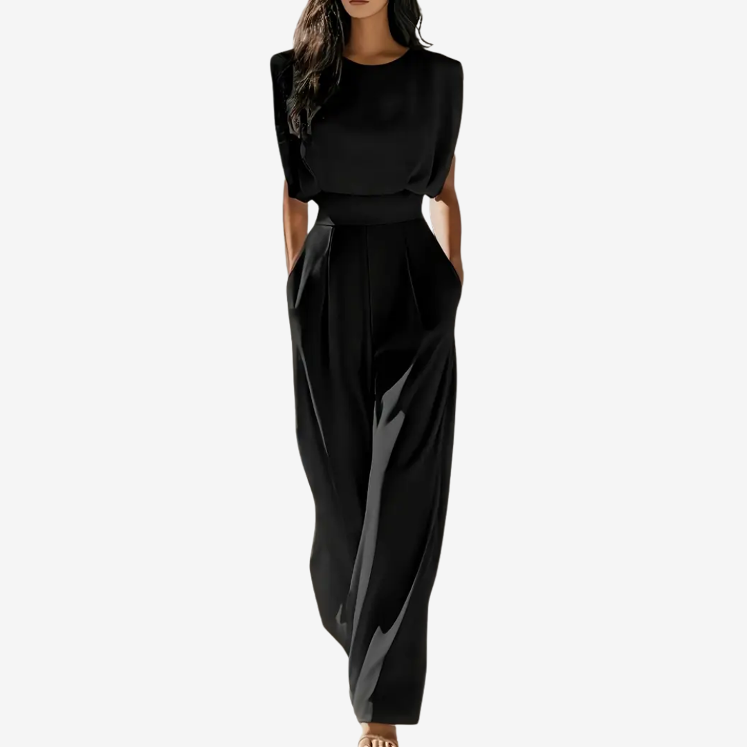 Round Neck Sleeveless Padded Shoulder Wide Leg Jumpsuit