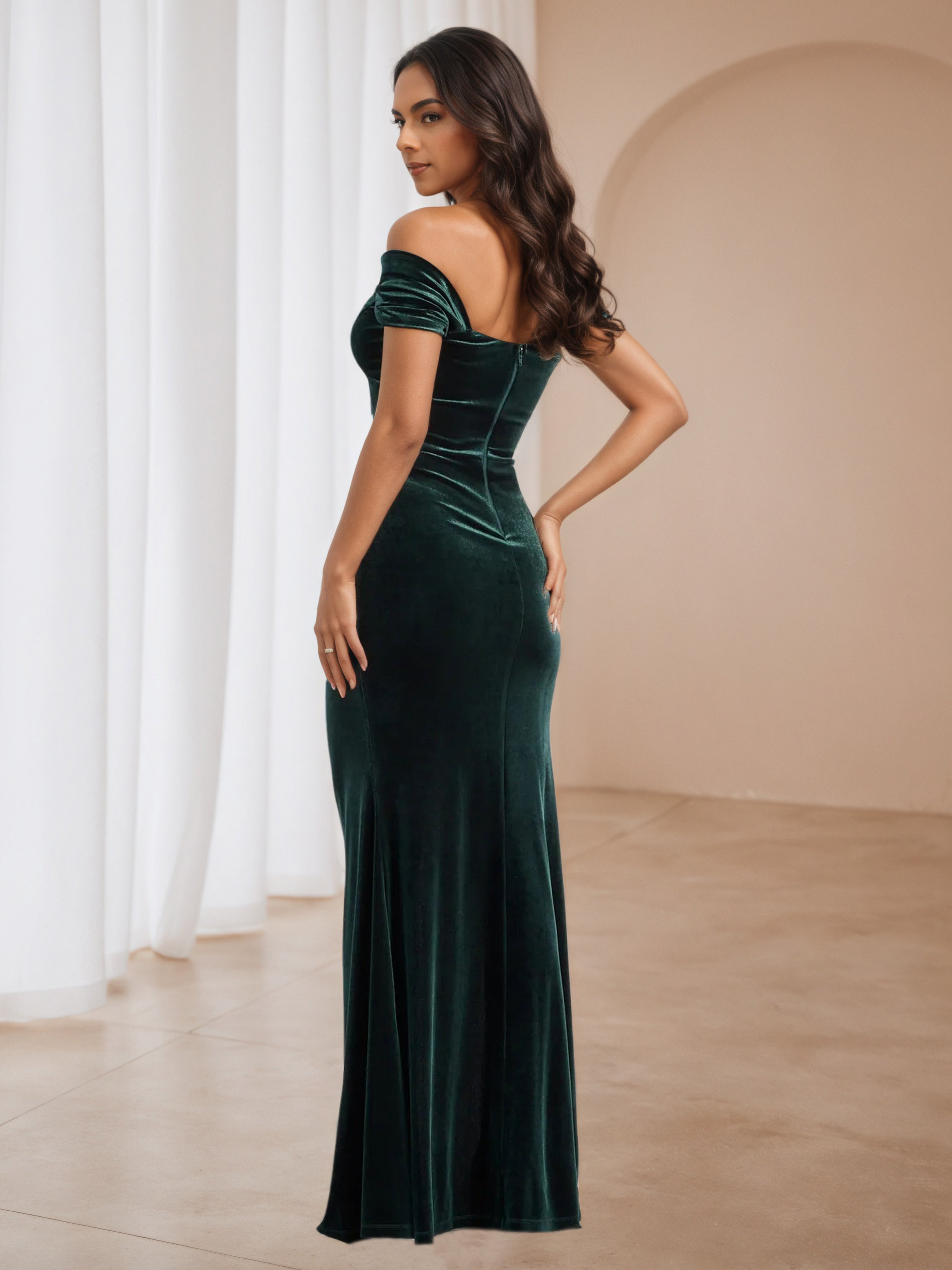 Hunter Green Velvet Off The Shoulder Notch Formal Dresses