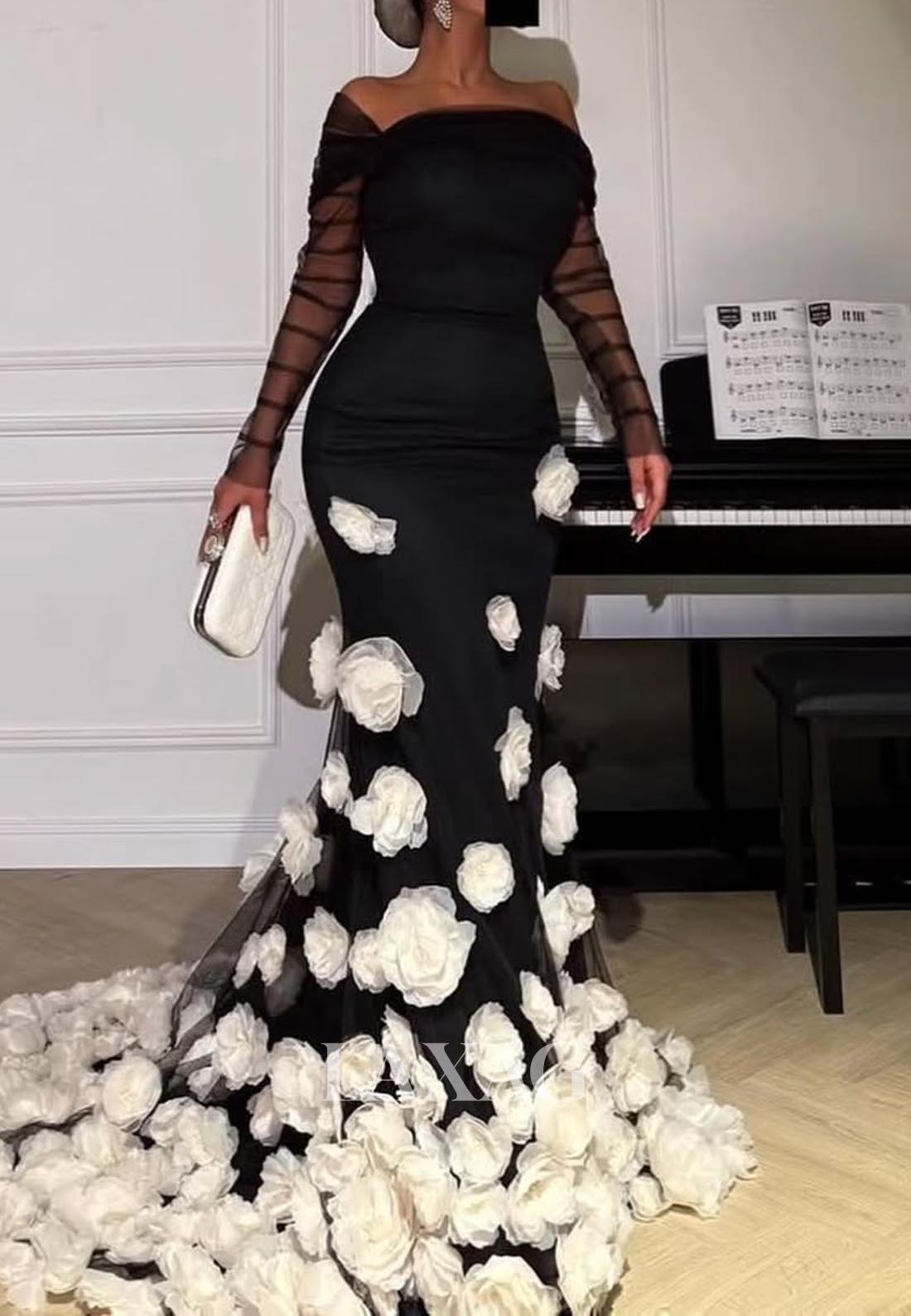 Tube Top Long-Tulle-Sleeves Mermaid Evening Dress Floral Embellished Floor-Length Formal Gowns