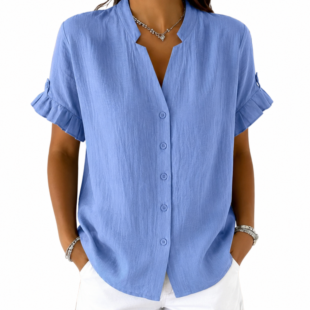Notch Neck Ruffle Short Sleeve Button Front Blouse