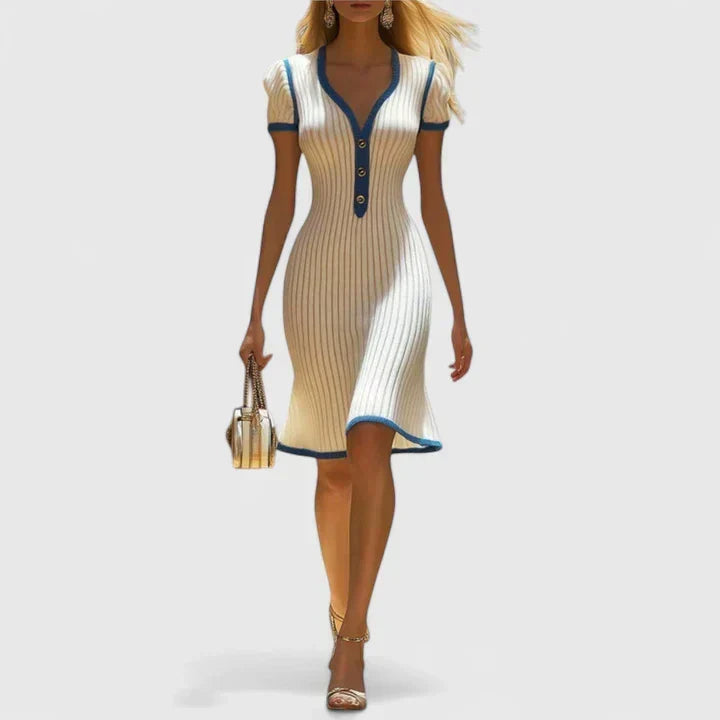 Ribbed Knit V-Neck Short Sleeve Button Front Midi Dress