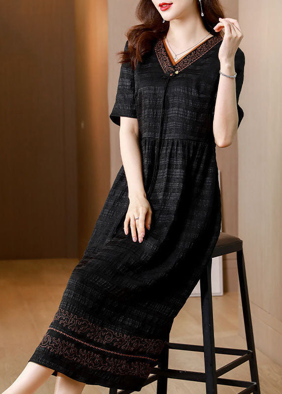 V-Neck Short Sleeve Embroidered Trim Textured Midi Dress