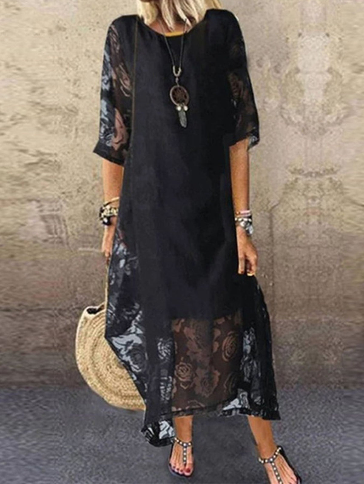White Crew Neck Lace Splicing Maxi Dress Half Sleeve - View 3