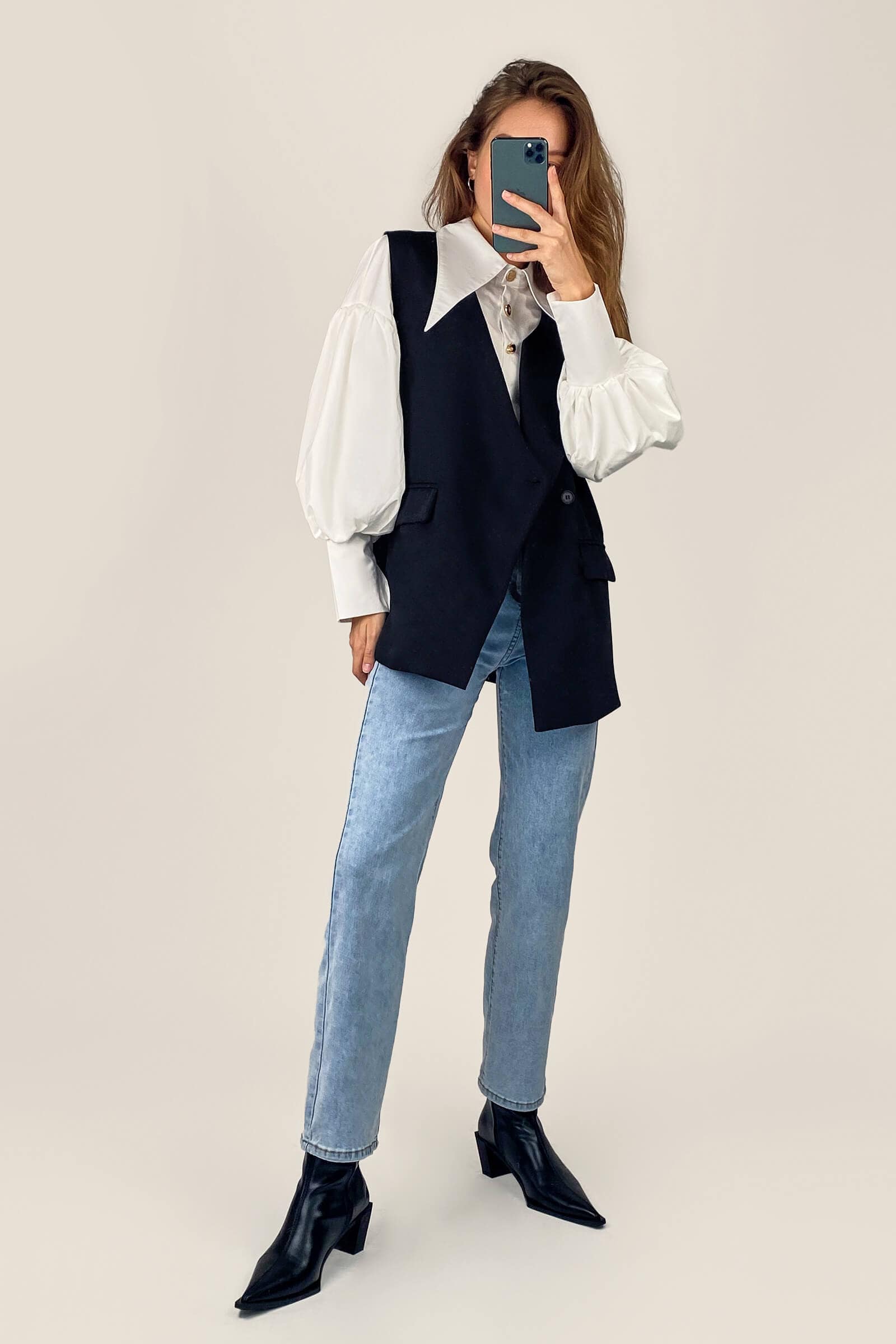 White Pointed Collar Button Detail Lantern Sleeve Shirt
