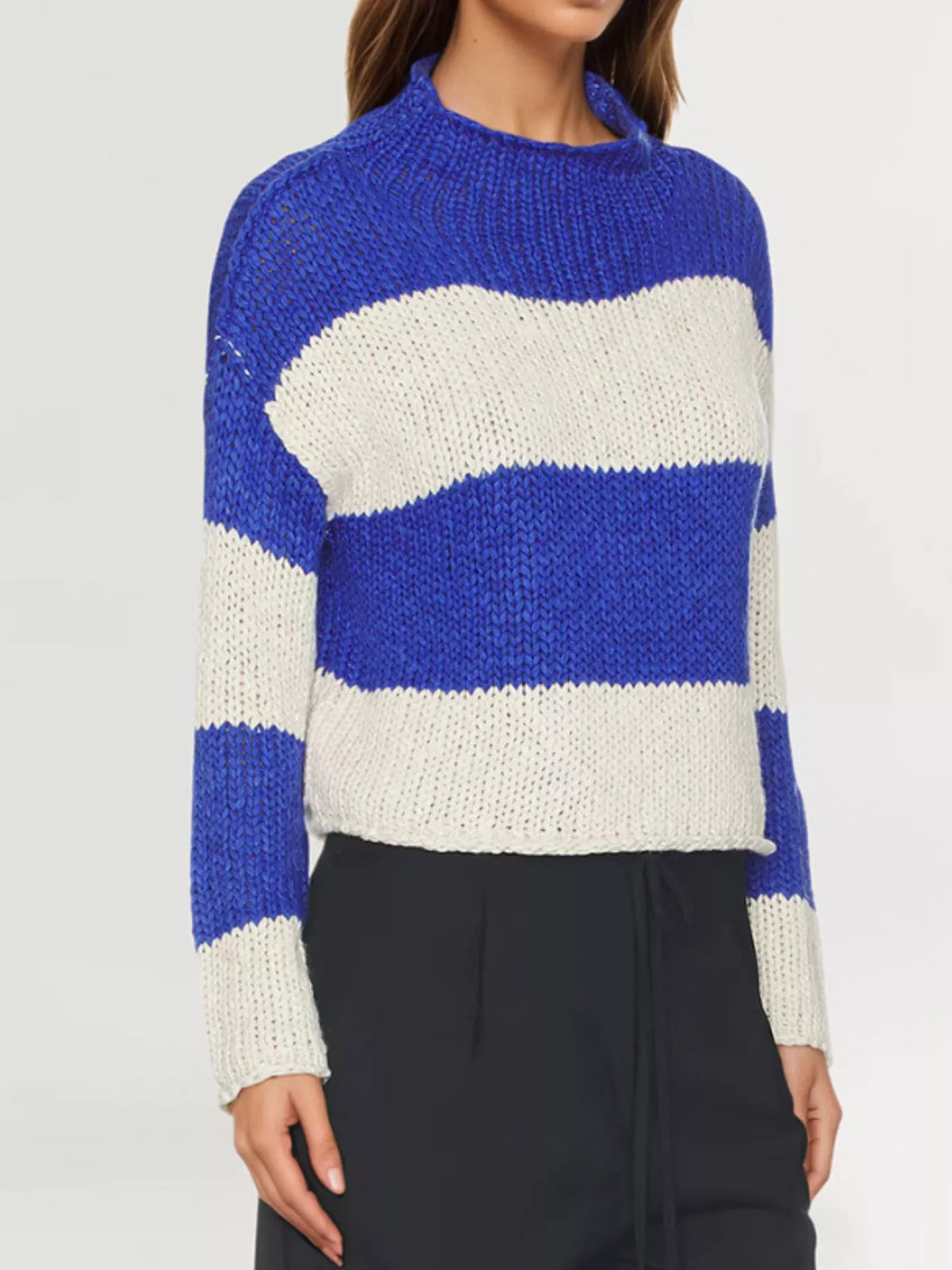 Wide Striped Mock Neck Long Sleeve Chunky Knit Cropped Sweater 4