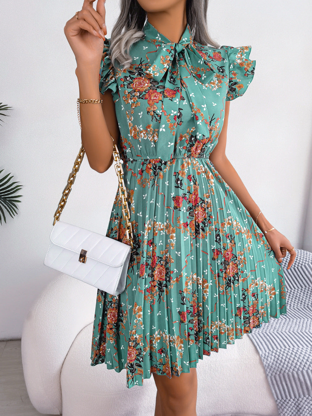 Pleated Floral Printed Tie Neck Knee Length Dress Blush Pink