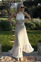 French Style Polka Dot Satin Backless Silk Dress