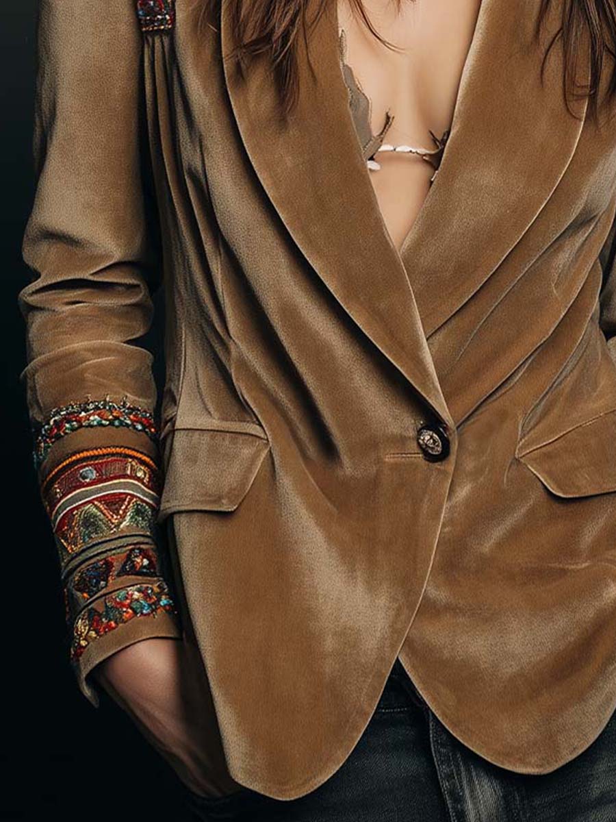 Embroidered Trim Velvet Look Single Button Blazer