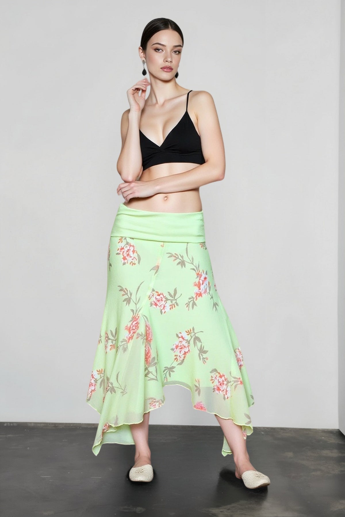 Floral Print Sheer Mesh Fold Over Waist Handkerchief Hem Midi Skirt