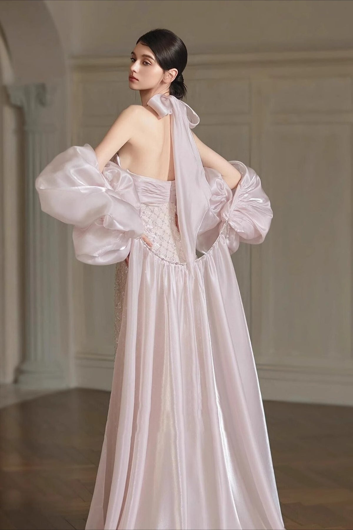 Halter Neck Beaded Column Gown with Detached Puff Sleeves and Train 2
