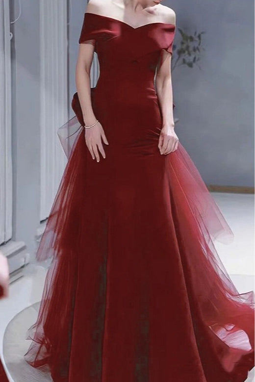 Satin Off Shoulder Tulle Mermaid Gown