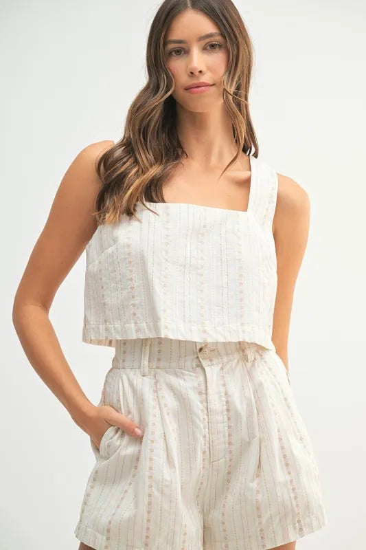 Embroidered Stripe Square Neck Crop Top and Pleated Shorts Two Piece Set 2