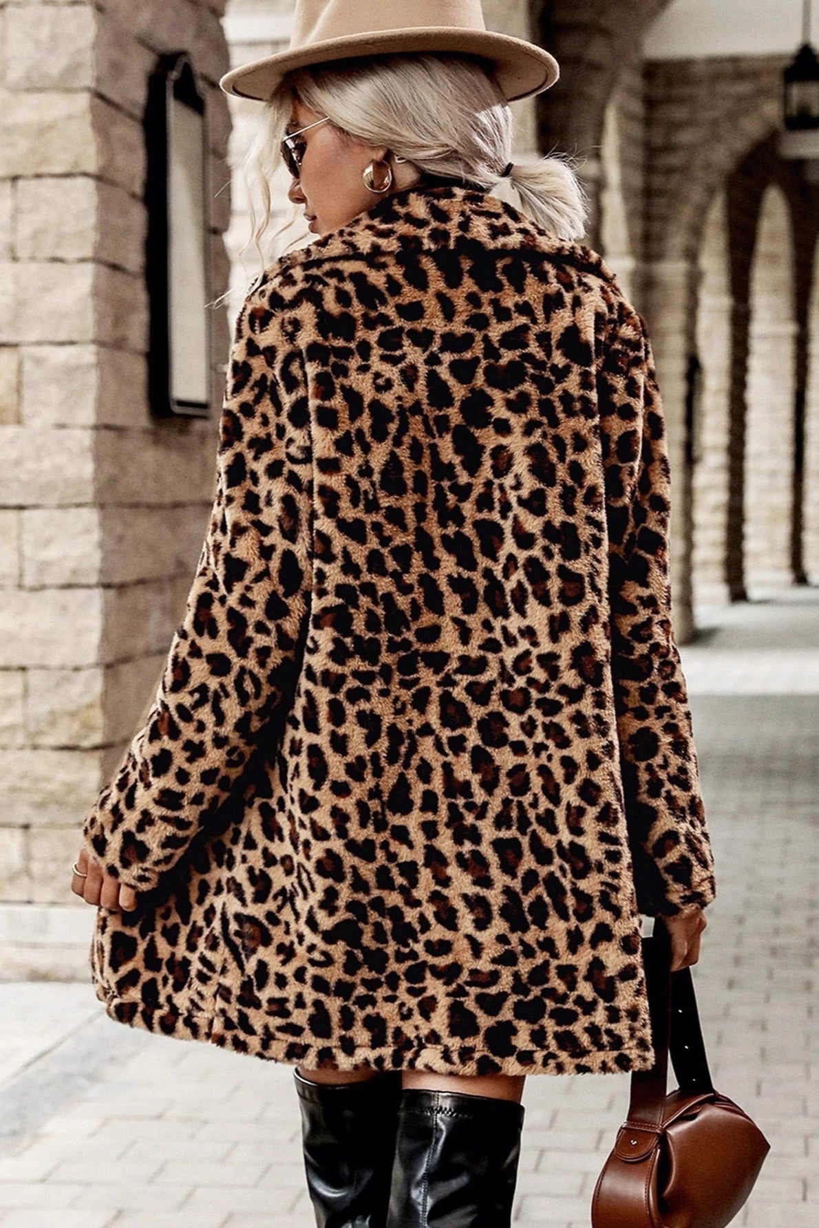 Leopard Print Faux Fur Notch Lapel Longline Coat 3