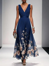 Floral Chiffon Deep V-Neck Sleeveless Pleated Maxi Dress 2