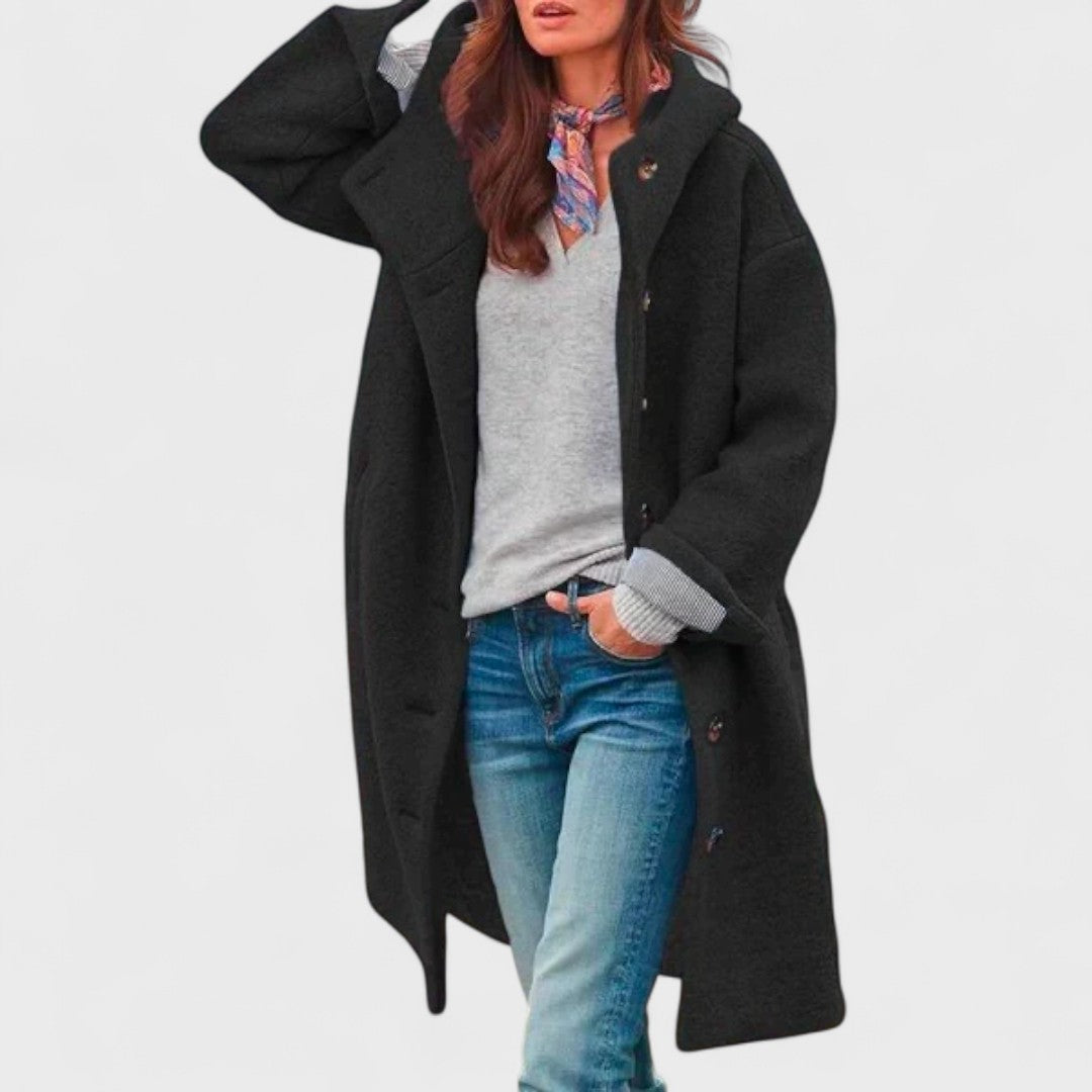 Hooded Button Front Longline Wool Blend Coat