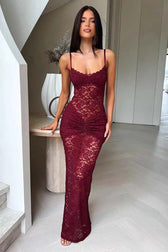 Lace Off-Shoulder Spaghetti Open Slit Slim Lace Dress