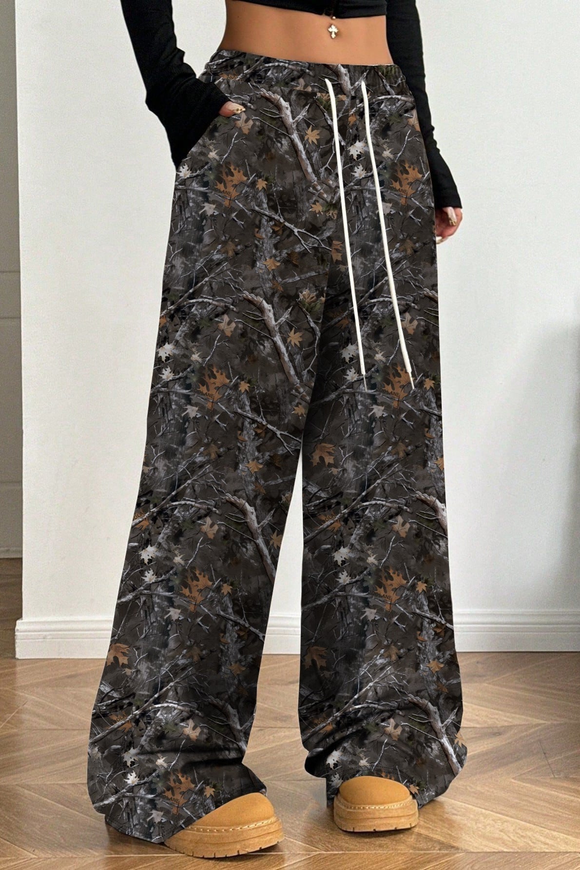 Camouflage Print Stretch Slim Wide Leg Pants