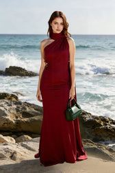 Satin Scarf Collar Halter Maxi Dress