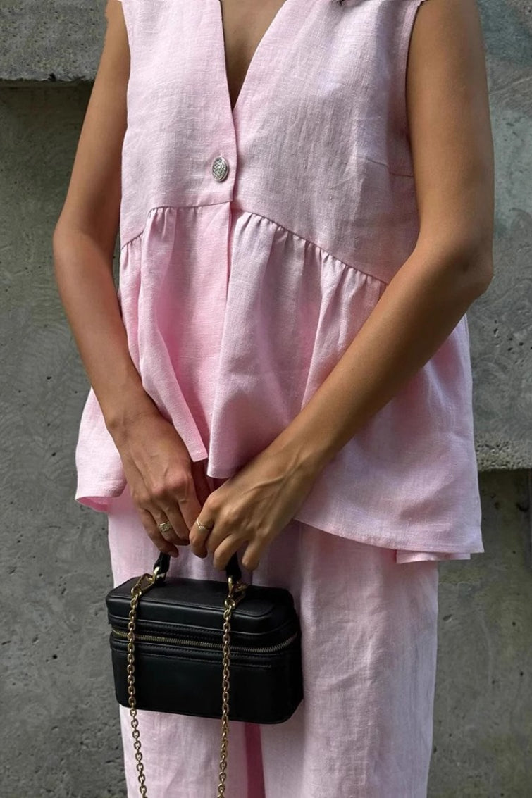 Cotton V Neck Sleeveless Vest Pants Two Piece Set