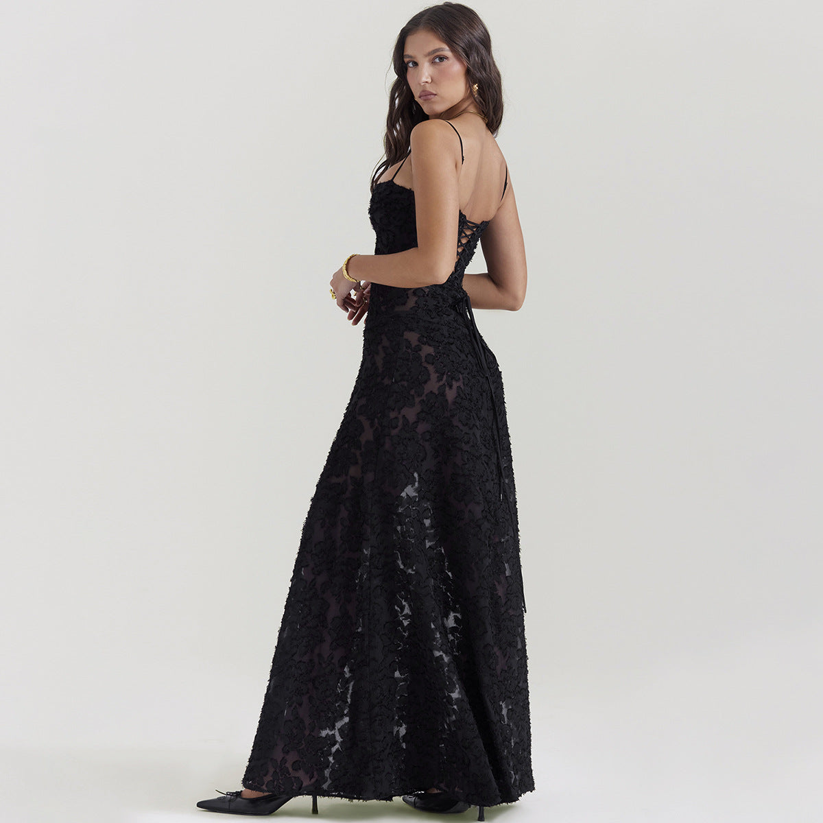Textured Lace Cami Corset Seam Drop Waist Maxi Dress 2