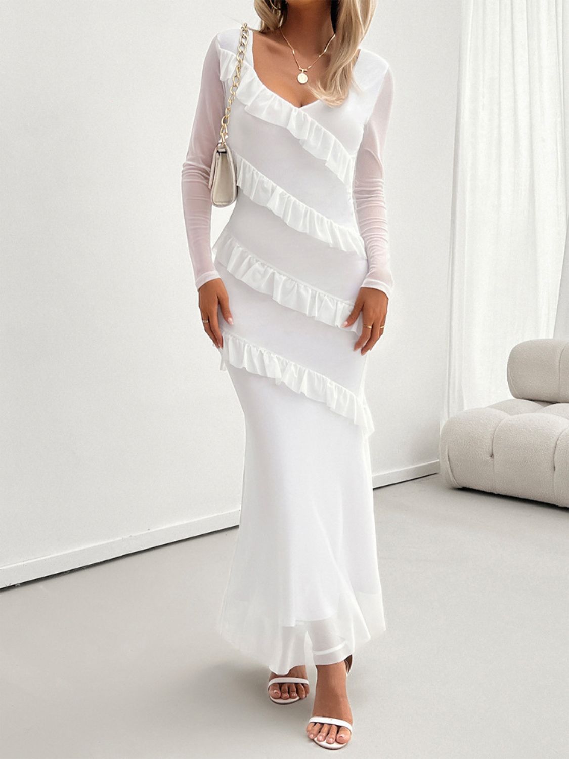 Mesh Surplice V-Neck Long Sleeve Tiered Ruffle Mermaid Maxi Dress 11