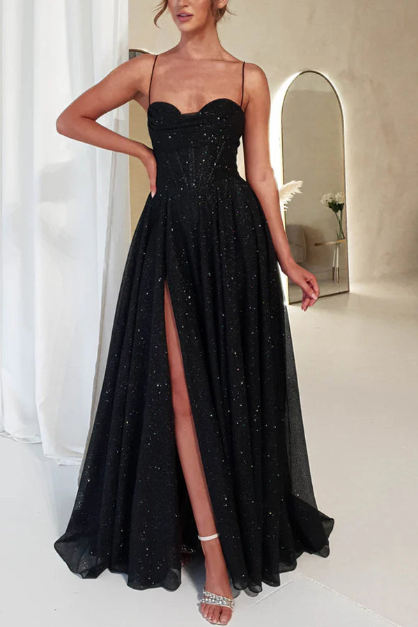Cinderella Glitter Tulle Fabric Cowl Neck Back Lace-up Maxi Dress - View 6