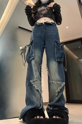 Y2K Vintage Gothic Star Pocket Straight Wide Leg Jeans