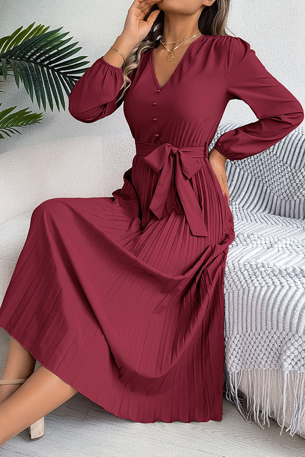 Solid Color Elegant V-neck Buttoned Lace-up Pleated Maxi Dress 29