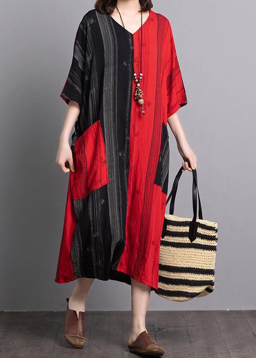 V-Neck Short Sleeve Contrast Patch Pocket Vertical Stripe Panel Oversized Midi Dress