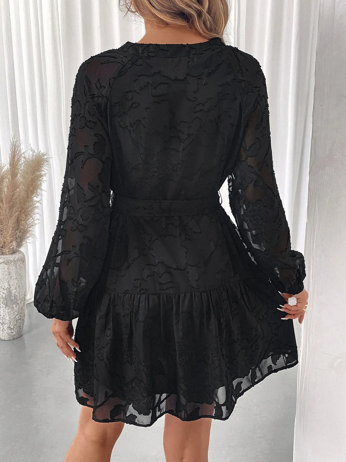 Textured Chiffon Button Front Balloon Sleeve Belted Tiered Mini Dress 5