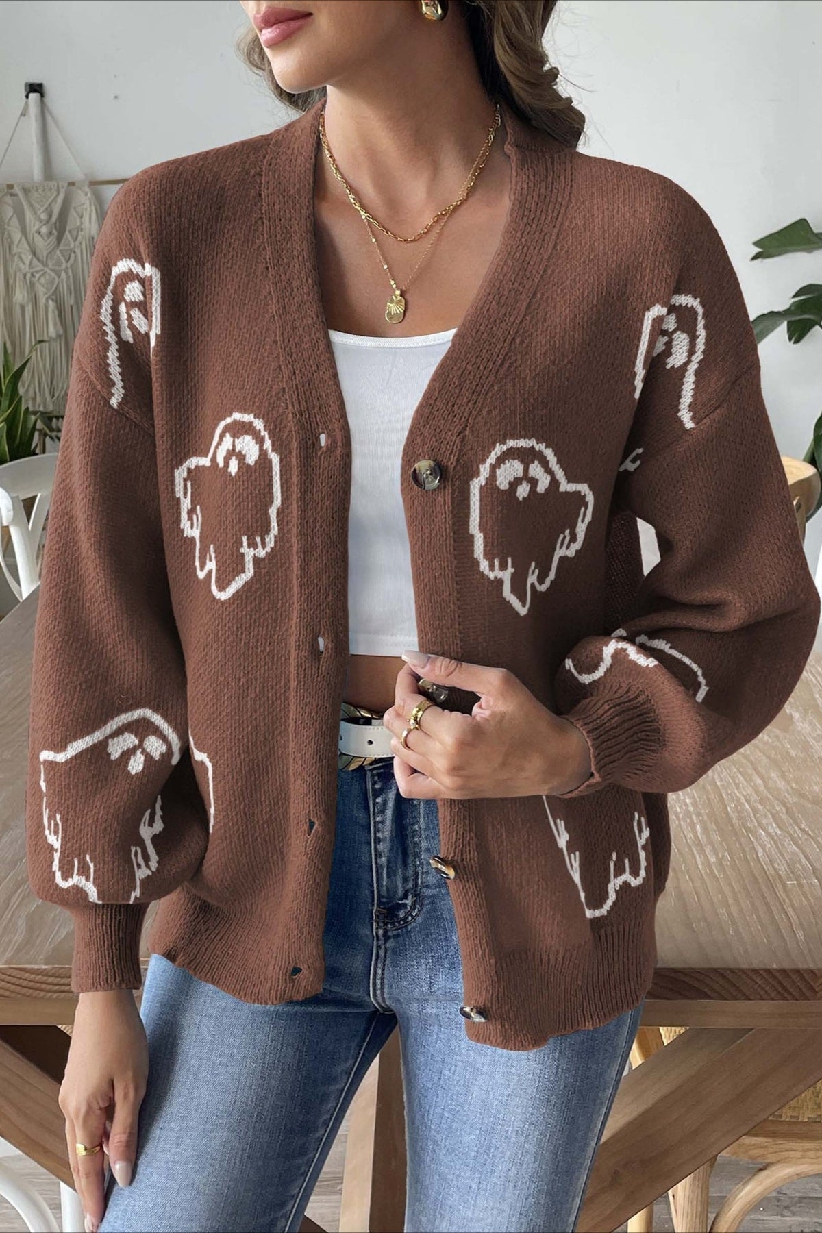 Ghost Pattern V-Neck Drop Shoulder Button Front Knit Cardigan 10