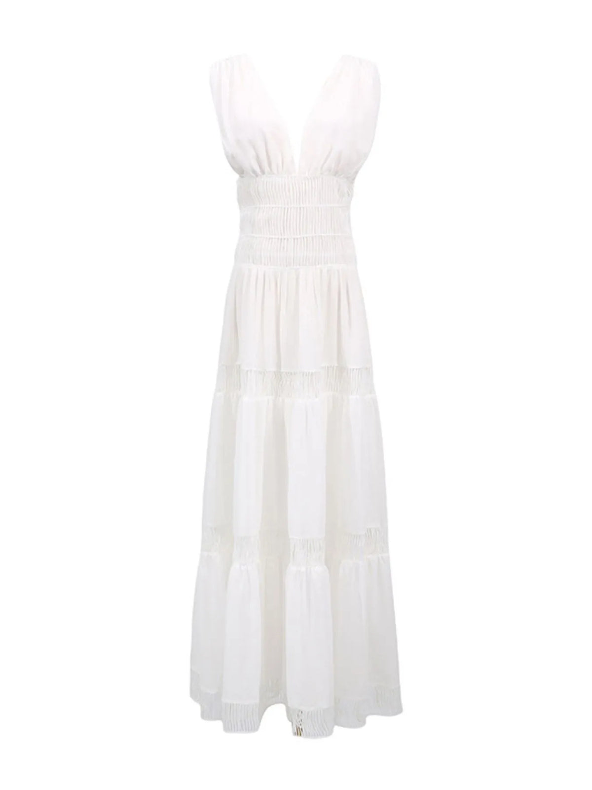 Deep V-Neck Sleeveless Smocked Waist Ladder Trim Tiered Maxi Dress 3