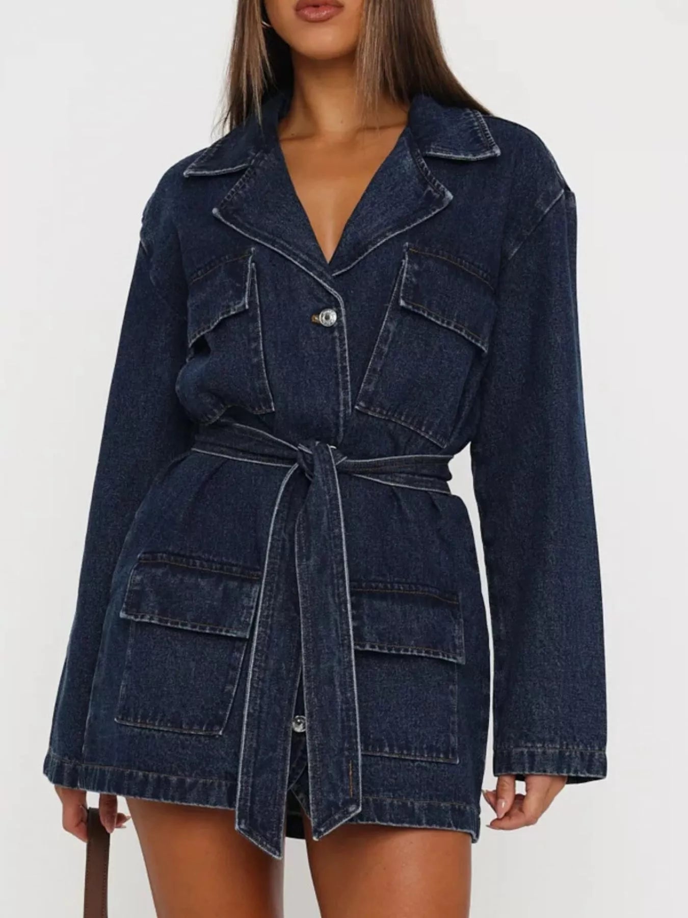 Long Sleeve Longline Denim Jacket with Belt