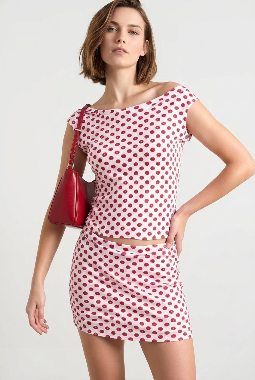 Polka Dot Boat Neck Cap Sleeve Crop Top and Mini Skirt Two Piece Set 3