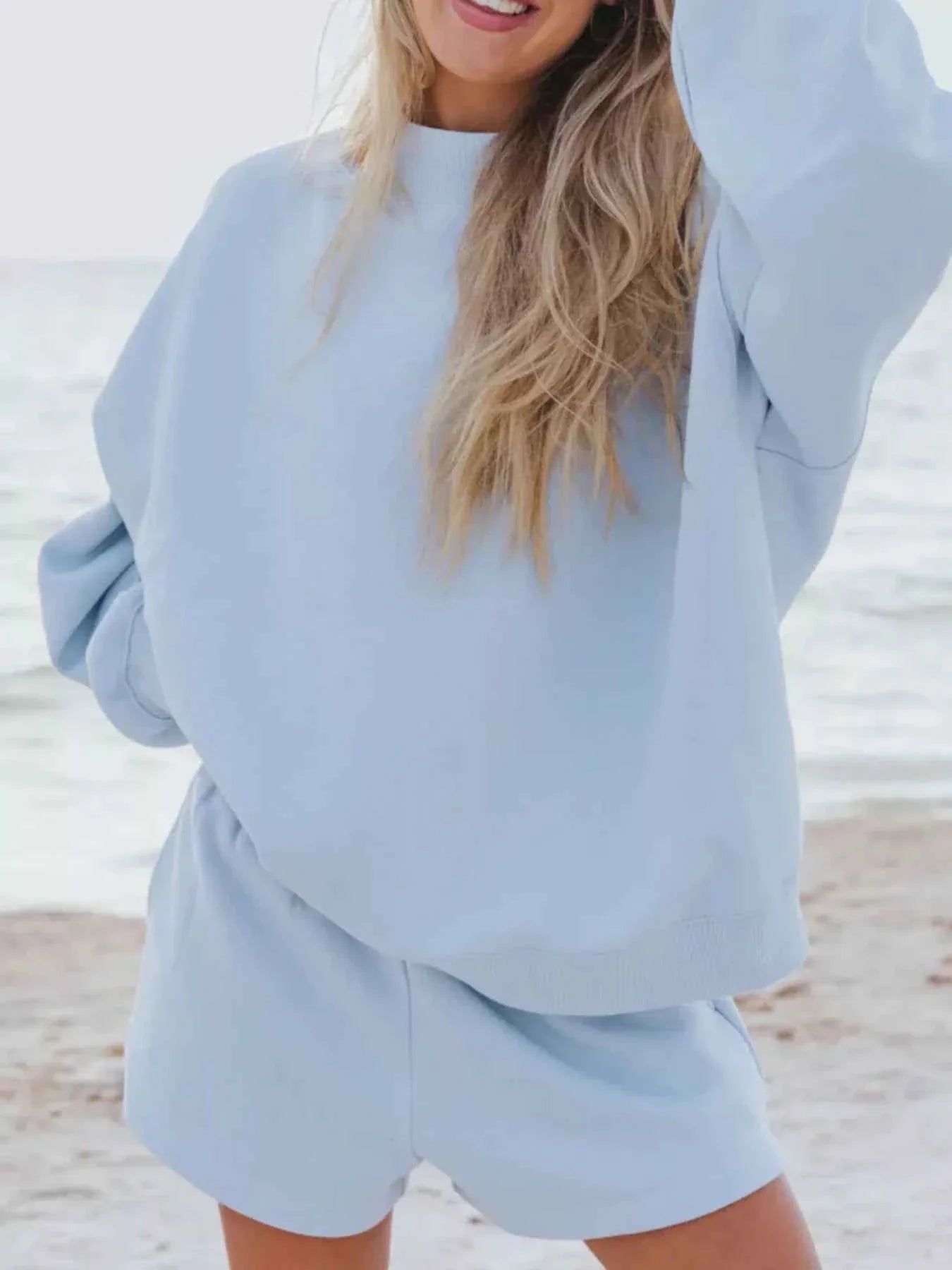 Relaxed Fit Round Neck Sweatshirt and Shorts Set