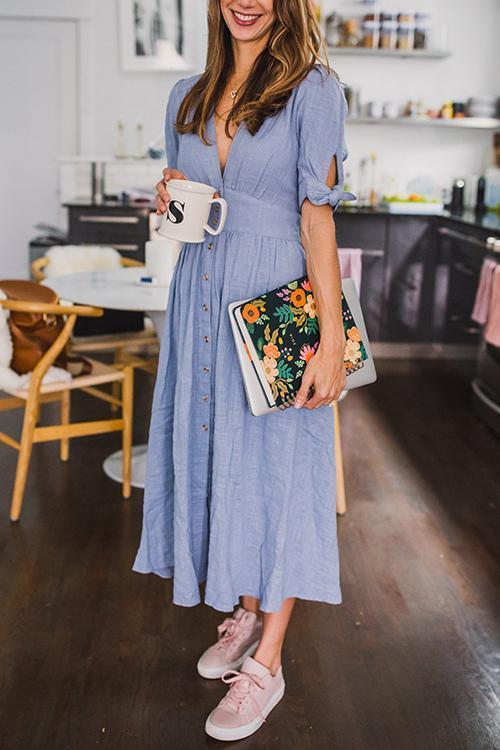 Deep V-Neck Puff Sleeve Tie Cuff Button Front Wide Waistband A-Line Midi Dress